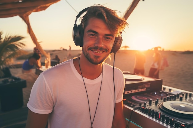 Un disc-jockey joue de la musique pour les touristes sur la plage au coucher du soleil En plein air AI générative