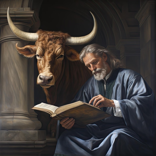 Le disciple étonnant de Jésus assis dans une pièce peint à l'huile en arrière-plan illustration photoréaliste