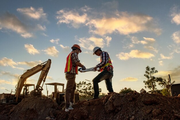 Photo discussion d'ingénieurs avec des architectes sur le rabotage du chantier