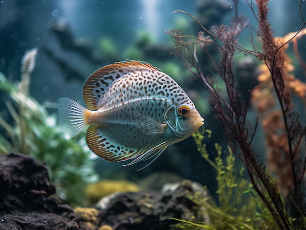 Discutez du poisson sur l'aquarium avec des plantes et des pierres