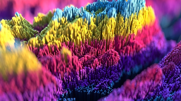 Dispersez le paysage topographique basé sur des cubes colorés. Abstrait avec profondeur de champ dans les couleurs rose, bleu, violet et jaune. illustration de rendu 3D.