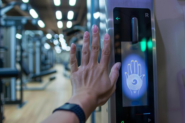 Un dispositif biométrique d'empreintes digitales dans un gymnase pour les membres de l'AI générative