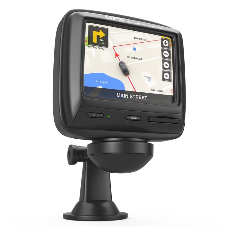 Photo dispositif gps de navigation et de positionnement global avec la carte de la ville de navigation sur l'écran sur un fond blanc. rendu 3d