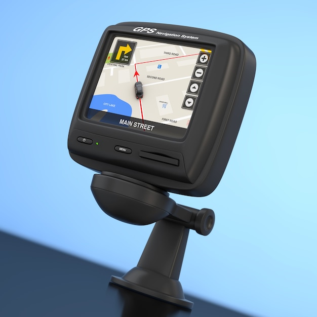 Dispositif GPS de navigation et de positionnement global avec la carte de la ville de navigation sur l'écran sur un fond bleu. Rendu 3D