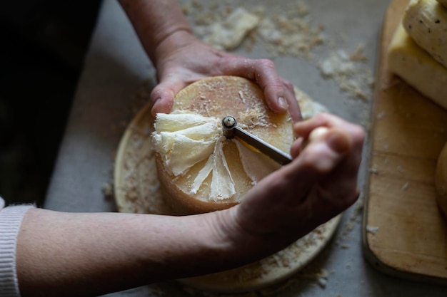 Dispositif de grattage de fromage suisse Tete de moine Belle lumière naturelle Fromagerie