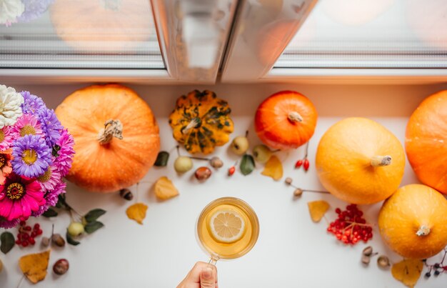 Disposition d'automne avec une tasse de thé au citron et des citrouilles