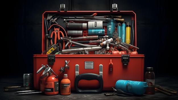Disposition d'une boîte à outils avec un kit de premiers soins d'extincteur de feu favorisant la sécurité sur le chantier