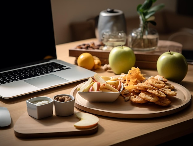 Disposition de bureau moderne avec un ordinateur portable sur la table Design Photo générée par l'IA