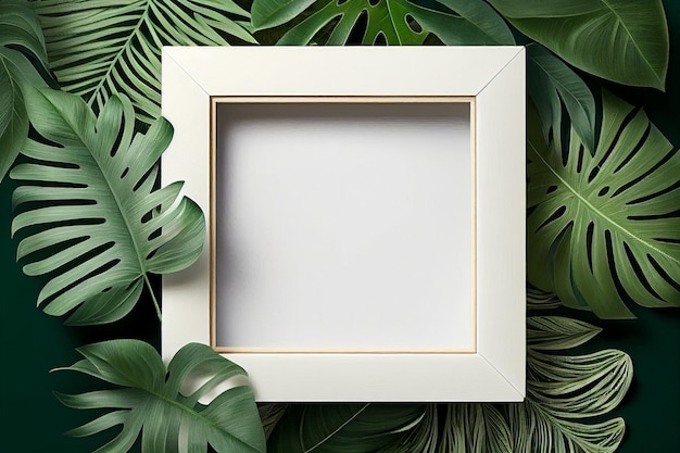 Disposition de cadre en bois carré blanc vierge de feuilles tropicales vierge pour carte publicitaire ou invitation IA générative