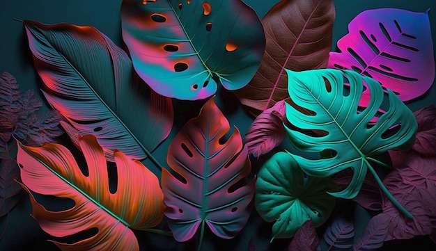Disposition de couleur fluorescente créative faite de feuilles tropicales Couleurs néon à plat Concept Nature