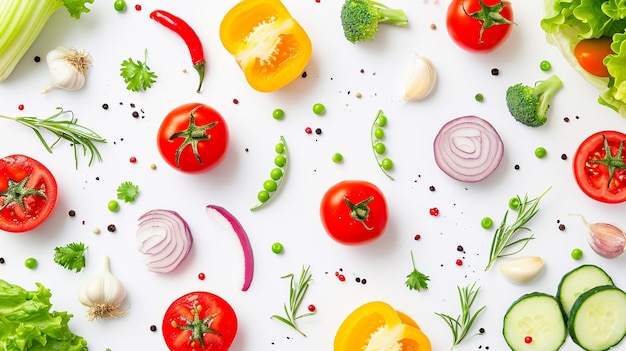 Disposition créative composée de concombre tomate et de feuilles de salade sur fond blanc Ai Generative