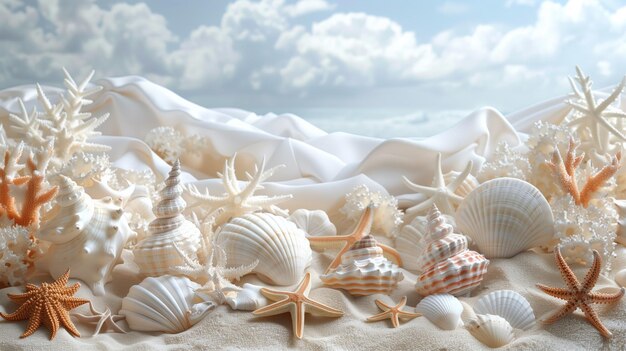 Une disposition créative faite d'étoiles de mer, de coraux et de coquillages sur fond blanc