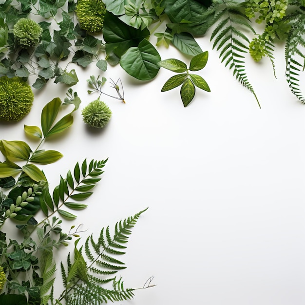 Photo disposition créative faite de feuilles vertes sur fond blanc espace de copie à vue supérieure plat