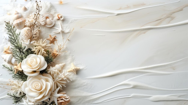 Photo disposition créative faite de fleurs blanches et de coquillages sur fond blanc avec espace de copie