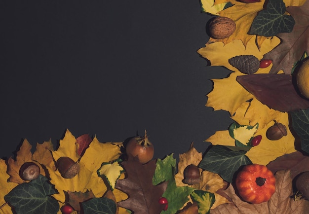 Disposition créative d'Halloween d'automne avec diverses feuilles, citrouilles et fruits d'automne sur fond sombre avec note de carte papier. Mise à plat. Notion de nature.