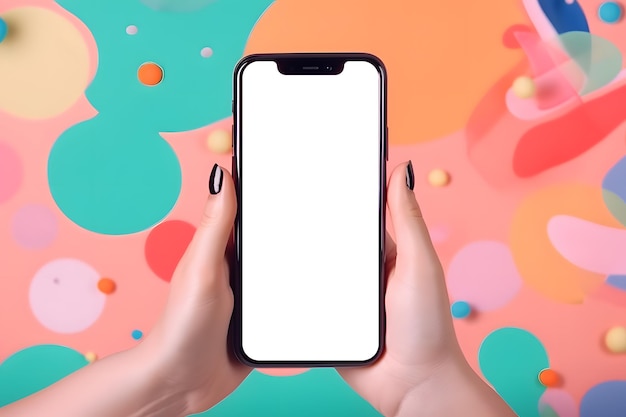 La disposition du téléphone Modèle de maquette de smartphone La jeune fille tient le téléphone à deux mains Fond clair sous la couleur des ongles Une belle manucure Mise à plat Generative Ai
