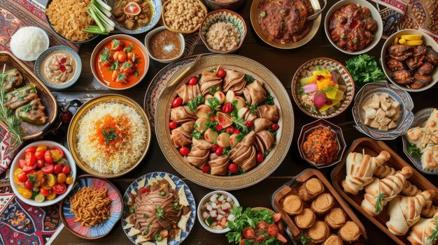 Une disposition de festin extravagante avec des plats traditionnels et modernes pour briser le jeûne du Ramadan