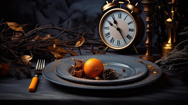 La disposition festive de Noël et du Nouvel An avec une horloge antique et des décorations sur la table