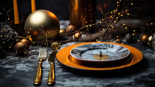 La disposition festive de Noël et du Nouvel An avec une horloge antique et des décorations sur la table