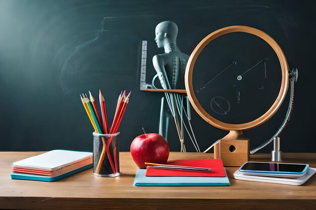 La disposition des fournitures scolaires Photo de vue latérale de la mise en place du bureau avec des crayons organisateur règle livres apple rouge