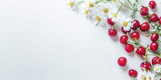 Disposition de la frontière avec des cerises et des marguerites sur fond blanc avec un espace de copie