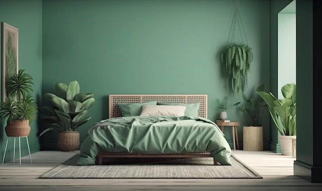 Disposition de l'intérieur de la chambre à coucher dans le style boho avec des plantes vertes sur le fond d'une maquette de mur vert vide IA générative