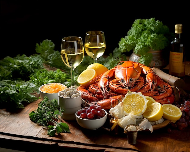 Disposition de la nourriture sur une table en bois dans des couleurs brunes chaudes fruits de mer avec des herbes de citron et illustration de vin générée avec l'IA