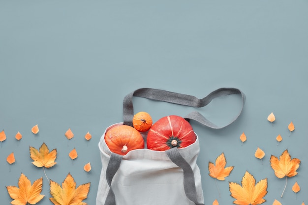 Disposition supérieure d'automne zéro déchet. Vue de dessus onrange citrouilles, pommes et coings dans un sac en toile naturelle et des feuilles d'érable orange. Mise à plat avec copie-espace sur le fond de papier gris.