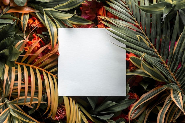 Disposition tropicale des tons pastel de feuilles et de fleurs tropicales avec une carte carrée