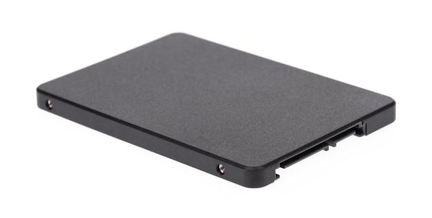 Disque dur externe SSD isolé sur fond blanc.