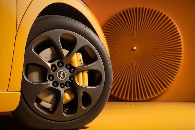 Disque de roue de voiture avec pneu et freins isolés sur fond jaune