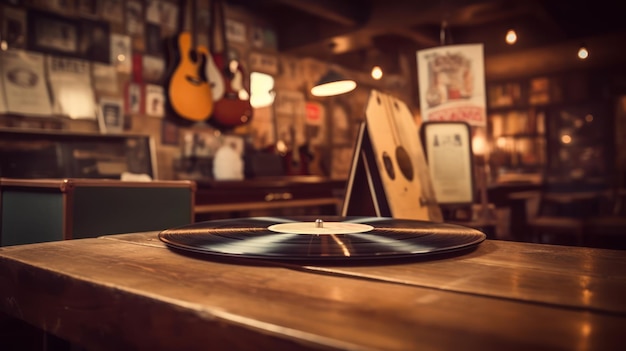 Un disque sur une table dans une salle de musique avec une guitare accrochée au mur.