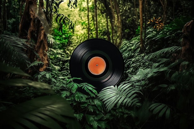 Disque vinyle sur fond de jungle verte Generative AI