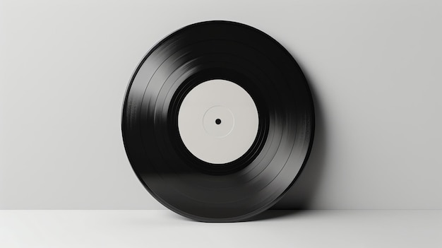 Un disque de vinyle noir avec une étiquette blanche est appuyé contre un mur blanc