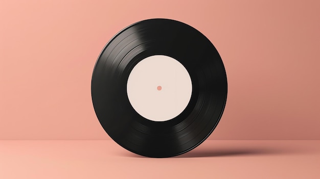 Un disque de vinyle noir avec une étiquette blanche sur un fond rose