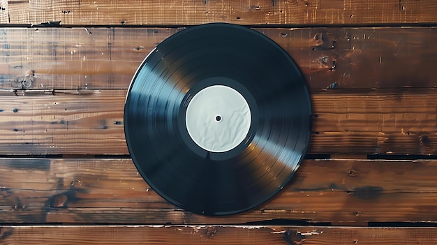 Disque de vinyle noir sur fond de bois Le disque est au centre de l'image et est entouré d'un grain de bois sombre