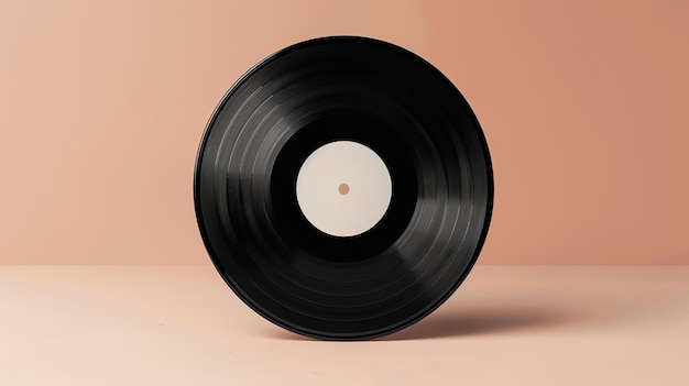 Un disque en vinyle noir sur un fond rose Le disque est debout verticalement