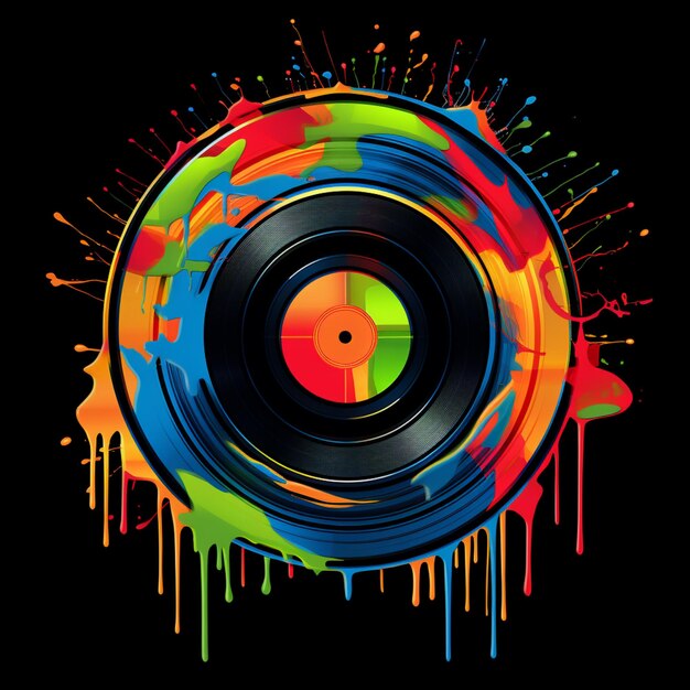 Photo disque de vinyle stylisé en illustration de peinture multicolore sur fond noir