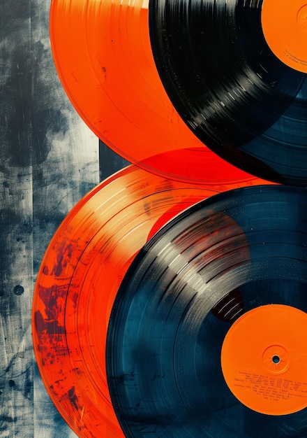 Des disques vinyles artistiques avec des accents orange sur une surface texturée