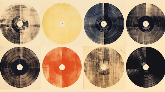 Photo des disques vinyles de différentes couleurs sur un collage de fond beige ia générative