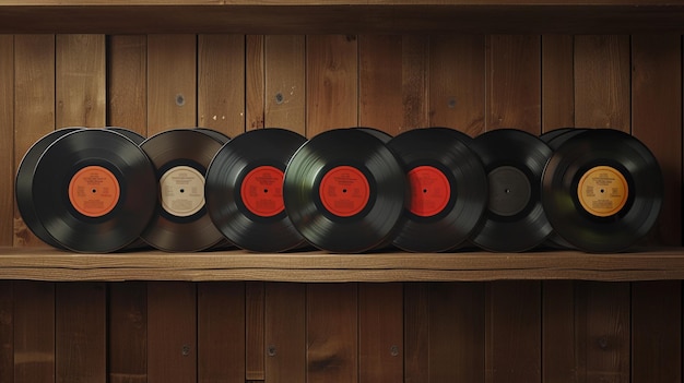 Des disques vinyles sur étagère en bois Image de musique rétro