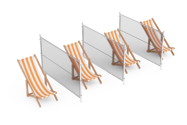 Photo distance sociale sur le concept de plage. chaises de détente de plage avec doublures en verre sur fond blanc. rendu 3d