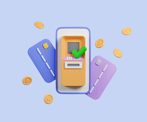 Distributeur automatique de billets avec carte de crédit sur fond bleu transfert d'argent économiser de l'argent concept de transaction financière illustration de rendu d'icône 3d