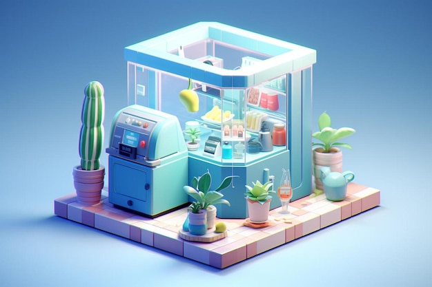 un distributeur automatique bleu avec un cactus à l'intérieur