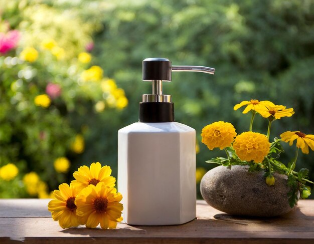 Un distributeur de savon élégant avec des fleurs.