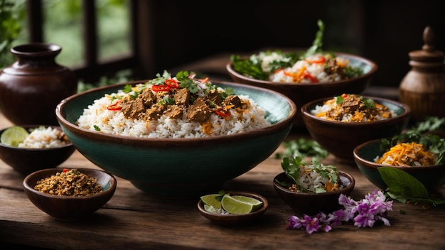 une distribution tentante de plats thaïlandais de riz arrangés avec art sur une table en bois rustique met en évidence le vibrant