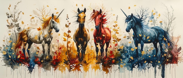 Divers abstraits peintures à l'aquarelle peintures sanlian feuilles d'or éléments animaux plantes fleurs chevaux géométrie plumes 3D