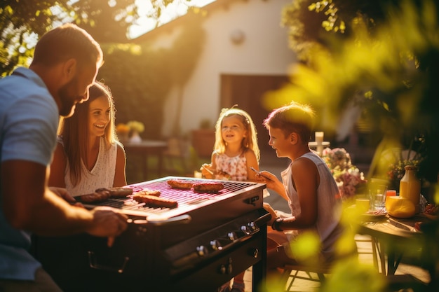 Divers adolescents et amis ayant un pique-nique barbecue dans le jardin IA générative