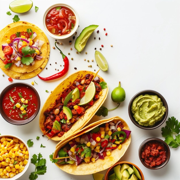 Divers aliments mexicains sur une table blanche