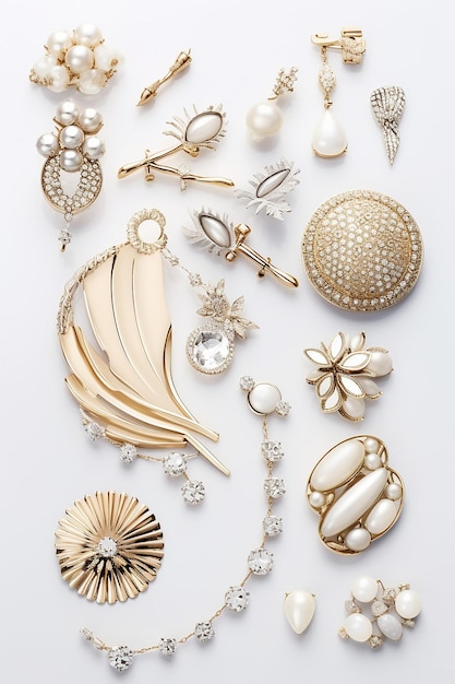 divers bijoux de mode et de luxe légers sur un fond blanc clair